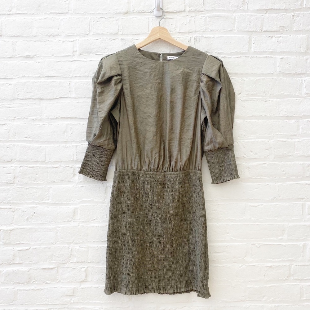 Rebecca‎ Minkoff || Geneva Smocked Puff Sleeve Dress in Army Green Medium